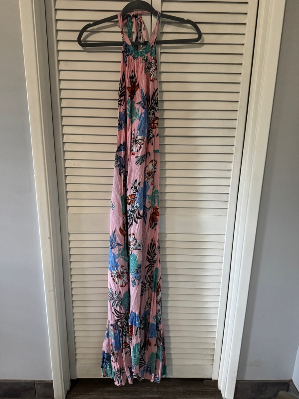 Women's Pink Floral Halter Midi Dress